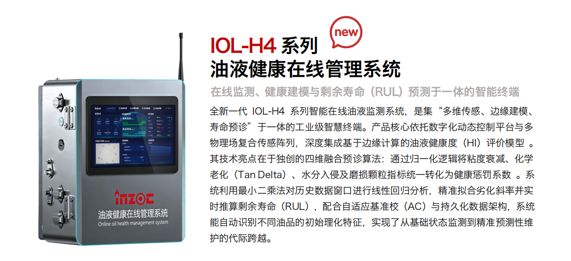 全新一代IOL-H4系列智能在線油液監測系統，是集“多維傳感、邊緣建模、壽命預診”于一體的工業級智慧終端。產品核心依托數字化動態控制平臺與多物理場復合傳感陣列，深度集成基于邊緣計算的油液健康度(HI)評價模型。其技術亮點在于獨創的四維融合預診算法:通過歸一化邏輯將粘度衰減、化學老化(Tan Delta)、水分入侵及磨損顆粒指標統一轉化為健康懲罰系數。系統利用最小二乘法對歷史數據窗口進行線性回歸分析，精準擬合劣化斜率并實時推算剩余壽命(RUL)，配合自適應基準校(AC)與持久化數據架構，系統能自動識別不同油品的初始理化特征，實現了從基礎狀態監測到精準預測性維護的代際跨越。