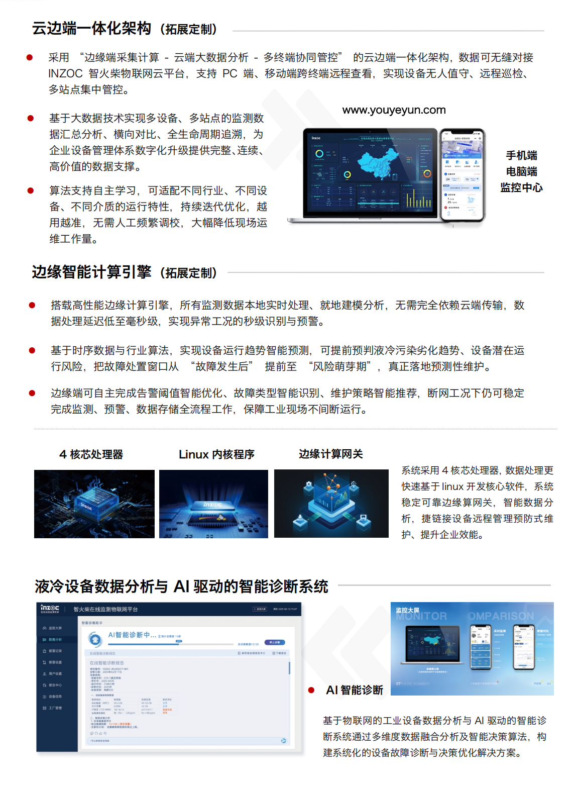 云邊端一體化架構（拓展定制）
? 采用 “邊緣端采集計算 - 云端大數據分析 - 多終端協同管控” 的云邊端一體化架構，數據可無縫對接INZOC 智火柴物聯網云平臺，支持 PC 端、移動端跨終端遠程查看，實現設備無人值守、遠程巡檢、多站點集中管控。
? 基于大數據技術實現多設備、多站點的監測數據匯總分析、橫向對比、全生命周期追溯，為企業設備管理體系數字化升級提供完整、連續、高價值的數據支撐。
? 算法支持自主學習，可適配不同行業、不同設備、不同介質的運行特性，持續迭代優化，越用越準，無需人工頻繁調校，大幅降低現場運維工作量。
邊緣智能計算引擎（拓展定制）
? 搭載高性能邊緣計算引擎，所有監測數據本地實時處理、就地建模分析，無需完全依賴云端傳輸，數據處理延遲低至毫秒級，實現異常工況的秒級識別與預警。
? 基于時序數據與行業算法，實現設備運行趨勢智能預測，可提前預判液冷污染劣化趨勢、設備潛在運行風險，把故障處置窗口從 “故障發生后” 提前至 “風險萌芽期”，真正落地預測性維護。
? 邊緣端可自主完成告警閾值智能優化、故障類型智能識別、維護策略智能推薦，斷網工況下仍可穩定完成監測、預警、數據存儲全流程工作，保障工業現場不間斷運行。
系統采用 4 核芯處理器，數據處理更快速基于 linux 開發核心軟件，系統穩定可靠邊緣算網關，智能數據分析，捷鏈接設備遠程管理預防式維護、提升企業效能。
液冷設備數據分析與 AI 驅動的智能診斷系統：
基于物聯網的工業設備數據分析與 AI 驅動的智能診斷系統通過多維度數據融合分析及智能決策算法，構建系統化的設備故障診斷與決策優化解決方案。
