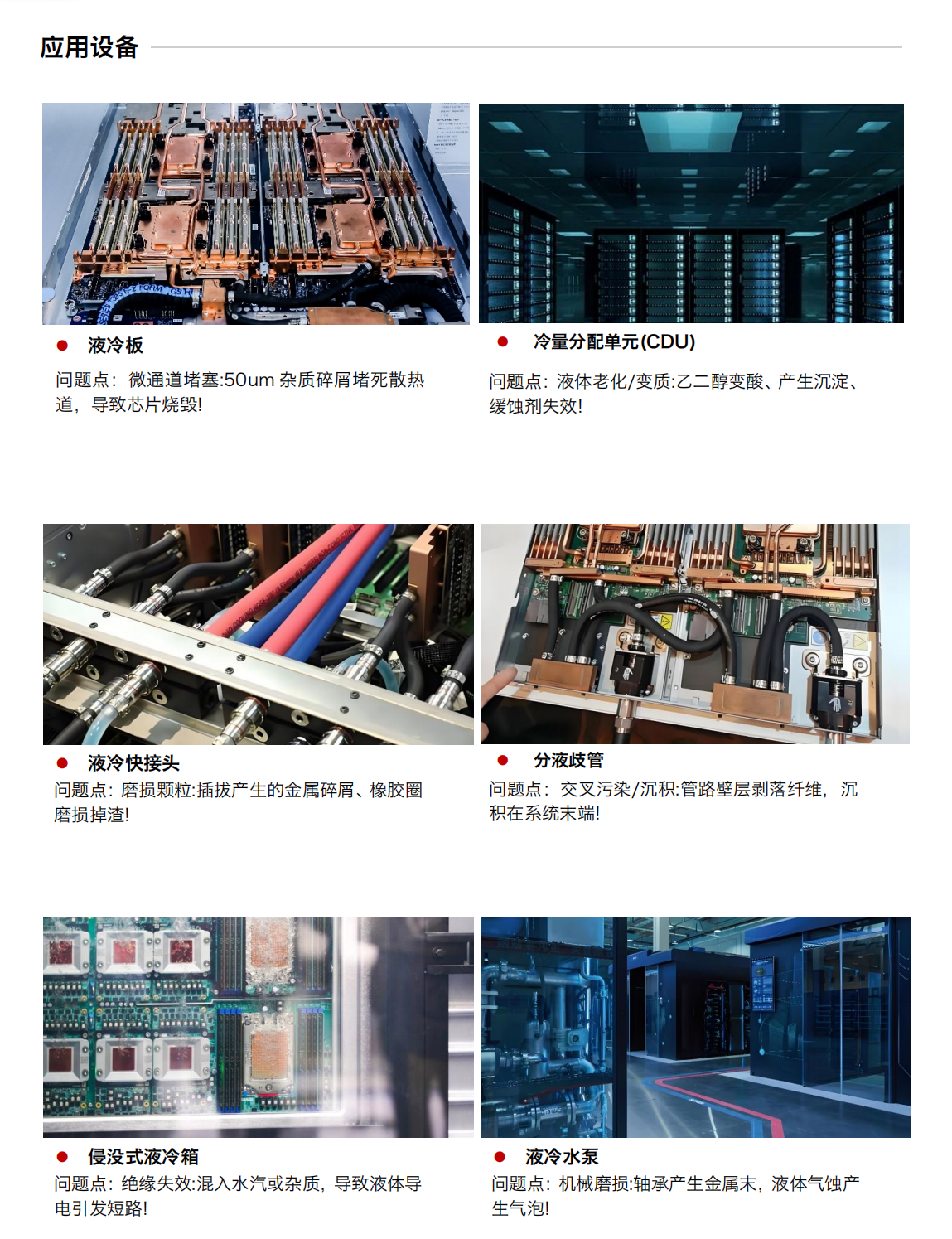 IOL-T2（光阻法）智能型液冷污染顆粒在線監測系統應用設備
? 液冷板 
問題點：微通道堵塞:50um 雜質碎屑堵死散熱道，導致芯片燒毀!
? 冷量分配單元(CDU)
問題點：液體老化/變質:乙二醇變酸、產生沉淀、緩蝕劑失效!
? 液冷快接頭
問題點：磨損顆粒:插拔產生的金屬碎屑、橡膠圈磨損掉渣!
? 分液歧管
問題點：交叉污染/沉積:管路壁層剝落纖維，沉積在系統末端!
? 侵沒式液冷箱
問題點：絕緣失效:混入水汽或雜質，導致液體導電引發短路!
? 液冷水泵
問題點：機械磨損:軸承產生金屬末，液體氣蝕產生氣泡!