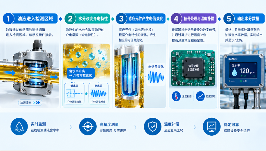 油液進入檢測區(qū)域 → 水分改變介電特性 → 感應(yīng)元件產(chǎn)生電信號變化 → 信號處理與溫度補償 → 輸出水分數(shù)據(jù).png